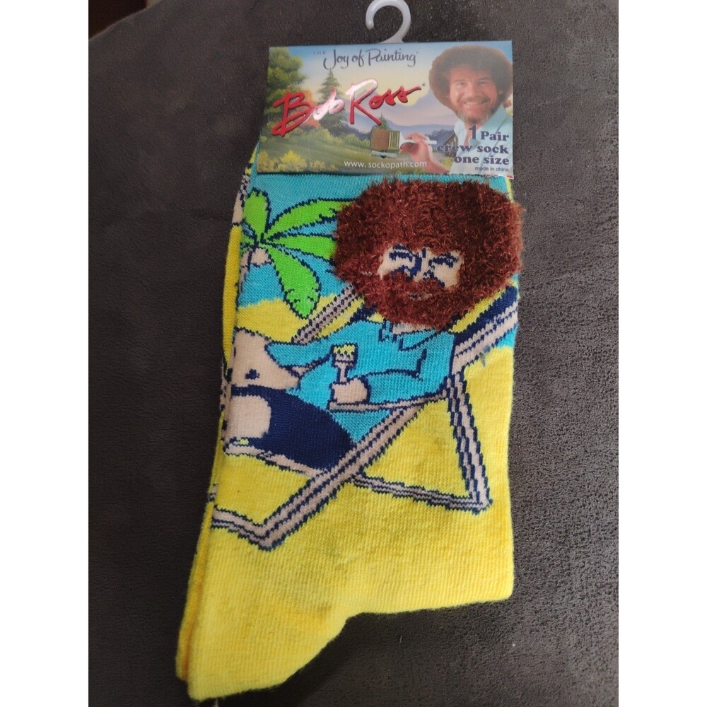 Bob Ross Joy of Painting 1 Pair Crew Sock Beach One Size Men 8-12 Women 9-14